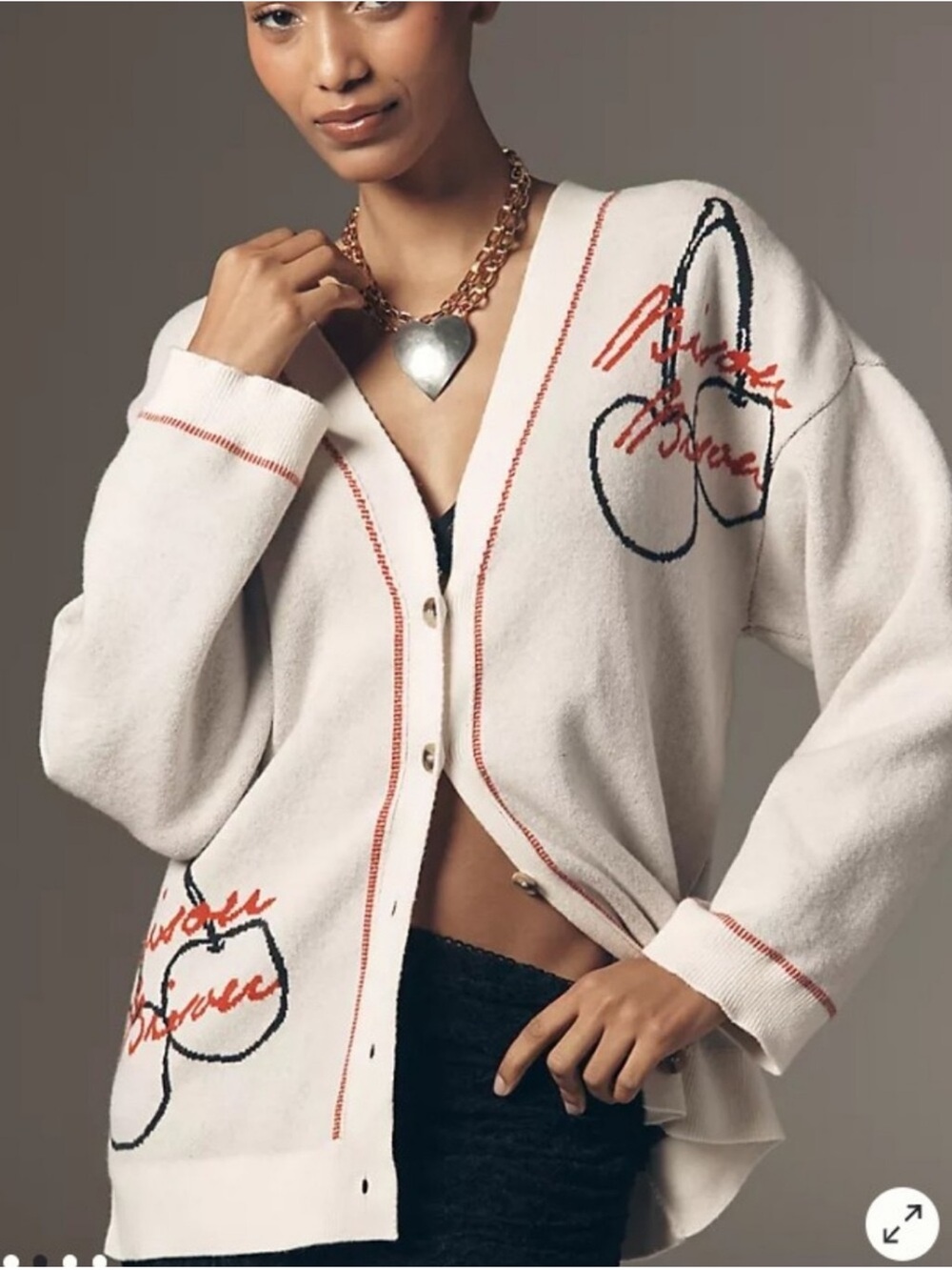 Anthropologie Cream Cardigan Sweater with Red & Black Cherry Motif